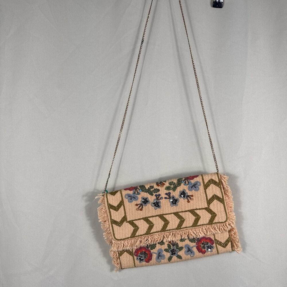 Boho Embroidered Beaded Clutch Purse Chain Strap Fringe Floral Envelope Bag